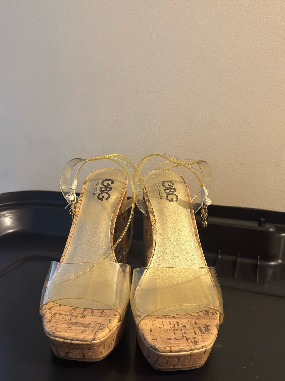 GBG Los Angeles Clear Strap Cork Platform Sandals with Gold Insole
